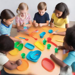 A playful scene featuring a group of children gathered around a table set up for games involving plastic spoons and forks