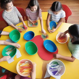 A playful scene featuring a group of children gathered around a table set up for games involving plastic spoons and forks