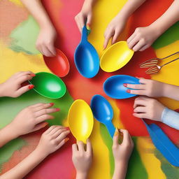 A playful scene featuring hands engaging in games involving plastic spoons and forks on a table