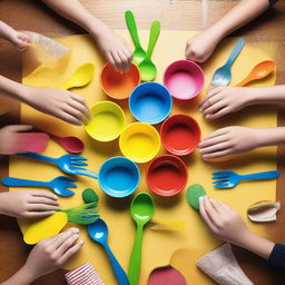 A playful scene featuring hands engaging in games involving plastic spoons and forks on a table