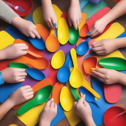 A playful scene featuring hands engaging in games involving plastic spoons and forks on a table