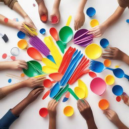 A playful scene featuring hands engaging in games involving plastic spoons and forks on a table