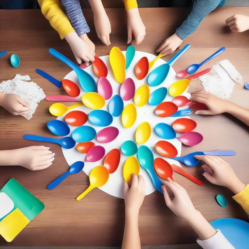 A playful scene featuring two hands engaging in a game involving plastic spoons and forks on a table