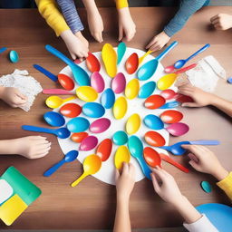 A playful scene featuring two hands engaging in a game involving plastic spoons and forks on a table