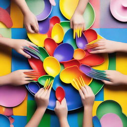 A playful scene featuring two hands engaging in a game involving plastic spoons and forks on a table