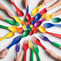 A playful scene featuring two hands engaging in a game involving plastic spoons and forks on a table