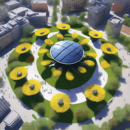 A futuristic city square featuring a large solar flower installation