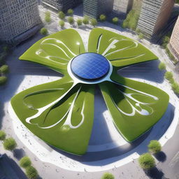 A futuristic city square featuring a large solar flower installation