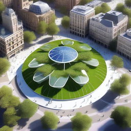 A futuristic city square featuring a large solar flower installation