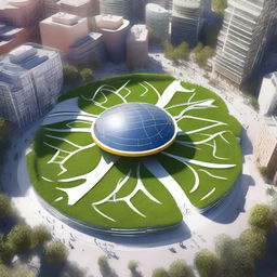 A futuristic city square featuring a large solar flower installation