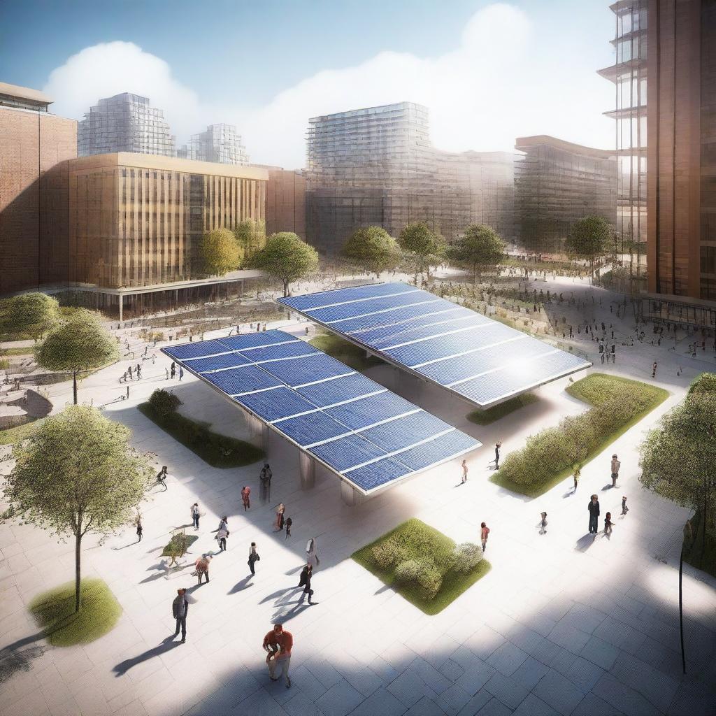 A bustling city square featuring an array of solar panels installed throughout the area