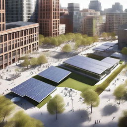 A bustling city square featuring an array of solar panels installed throughout the area