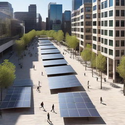 A bustling city square featuring an array of solar panels installed throughout the area