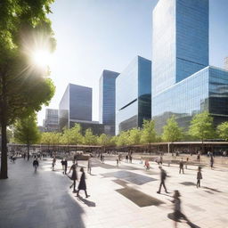 A bustling city square featuring an array of solar panels installed throughout the area