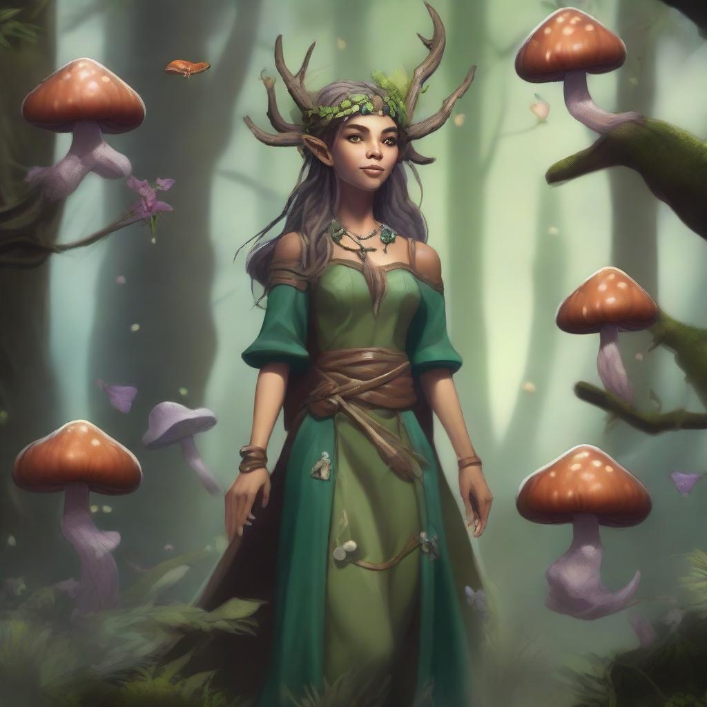 A female spore druid character from Dungeons & Dragons, depicted as a wood elf surrounded by various mushrooms in a mystical forest setting