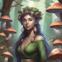 A female spore druid character from Dungeons & Dragons, depicted as a wood elf surrounded by various mushrooms in a mystical forest setting