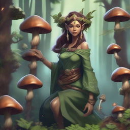 A female spore druid character from Dungeons & Dragons, depicted as a wood elf surrounded by various mushrooms in a mystical forest setting