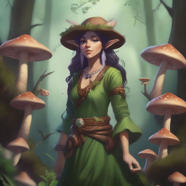 A female spore druid character from Dungeons & Dragons, depicted as a wood elf surrounded by various mushrooms in a mystical forest setting