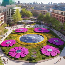 A vibrant city square featuring solar flower panels