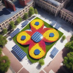 A vibrant city square featuring solar flower panels