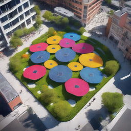 A vibrant city square featuring solar flower panels