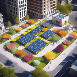 A vibrant city square featuring solar flower panels