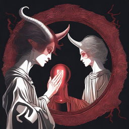 A detailed depiction of a person looking into a mirror, where their reflection shows a contrasting image of good and evil