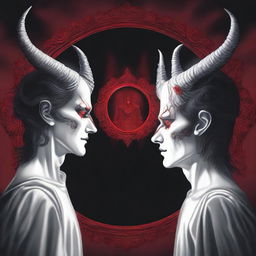 A detailed depiction of a person looking into a mirror, where their reflection shows a contrasting image of good and evil