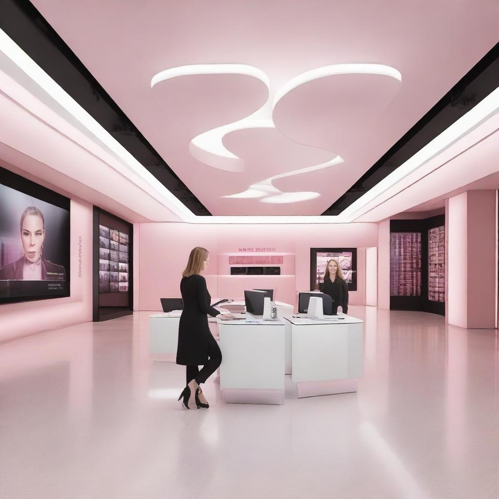 A futuristic workspace for Mary Kay, featuring advanced technology and sleek design