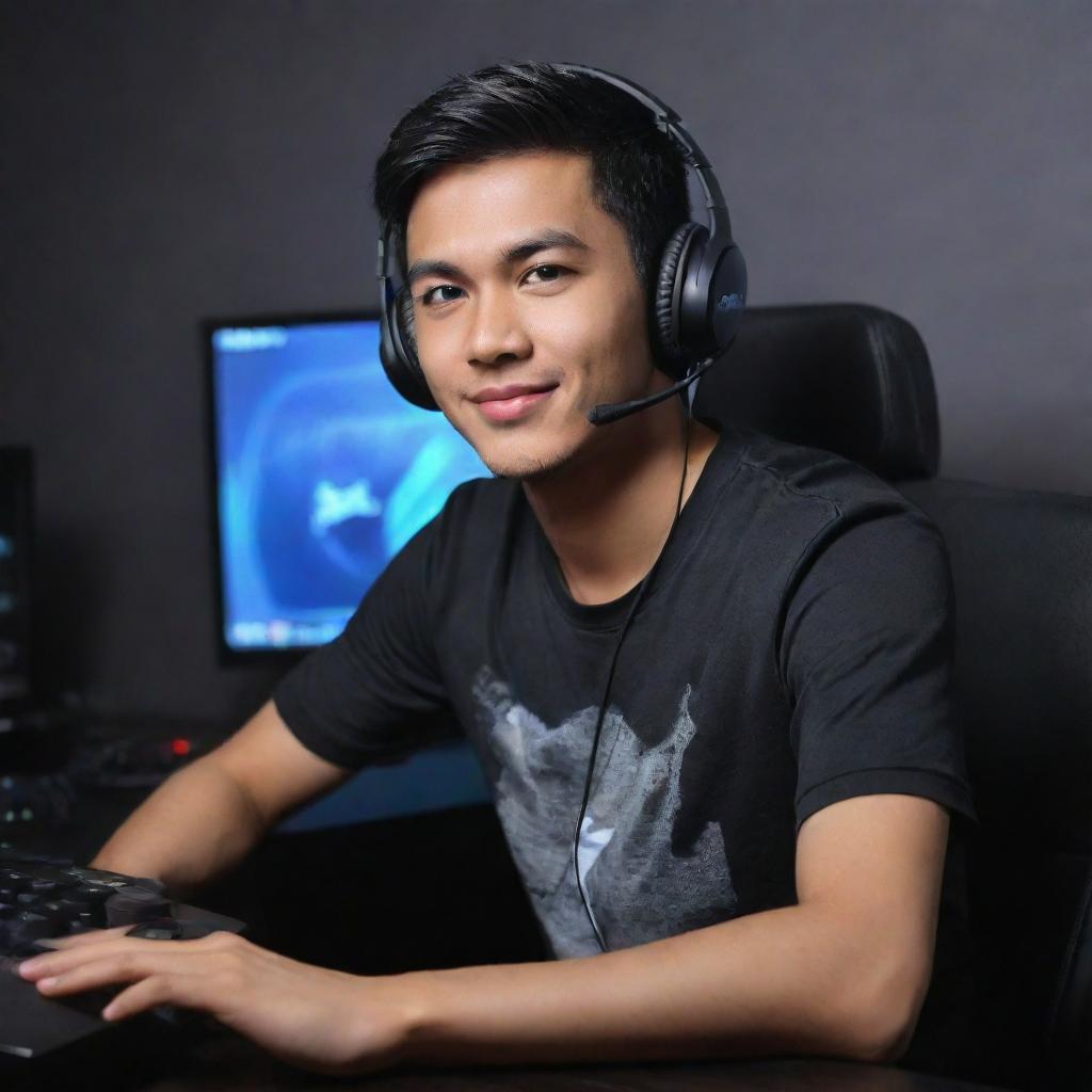 A handsome gaming character named Adam Firmansyah with striking features, immersed in an exciting game on his high-end gaming rig.