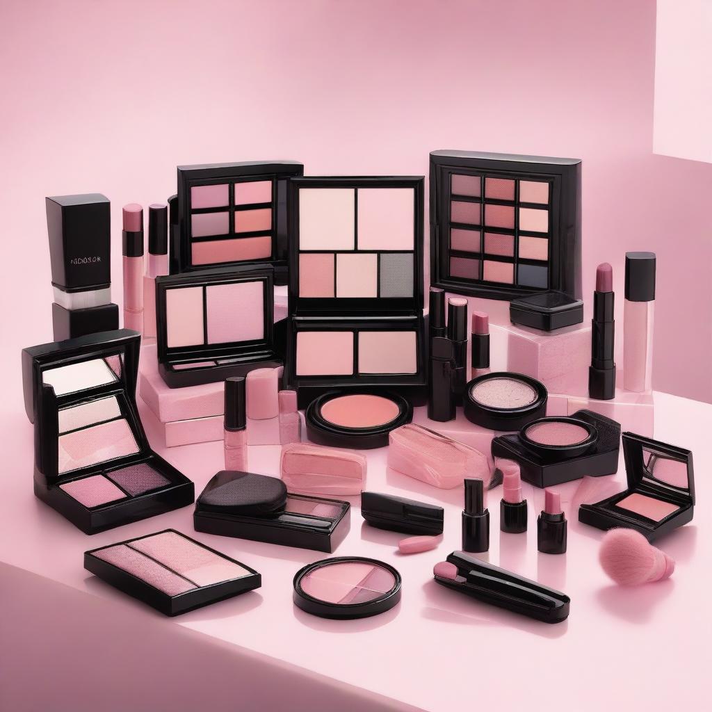 An elegant display of Mary Kay cosmetics, featuring a range of makeup products in various shades of pink