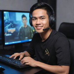 A handsome gaming character named Adam Firmansyah with striking features, immersed in an exciting game on his high-end gaming rig.