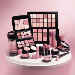 An elegant display of Mary Kay cosmetics, featuring a range of makeup products in various shades of pink