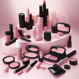 An elegant display of Mary Kay cosmetics, featuring a range of makeup products in various shades of pink