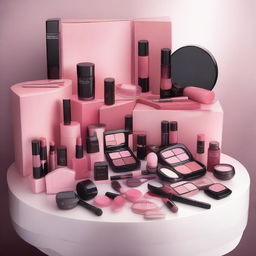 An elegant display of Mary Kay cosmetics, featuring a range of makeup products in various shades of pink