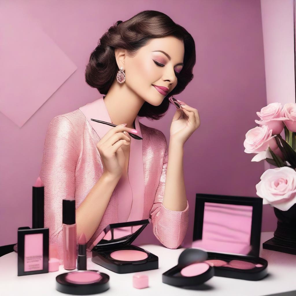 A glamorous scene featuring a woman using Mary Kay cosmetics