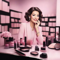 A glamorous scene featuring a woman using Mary Kay cosmetics