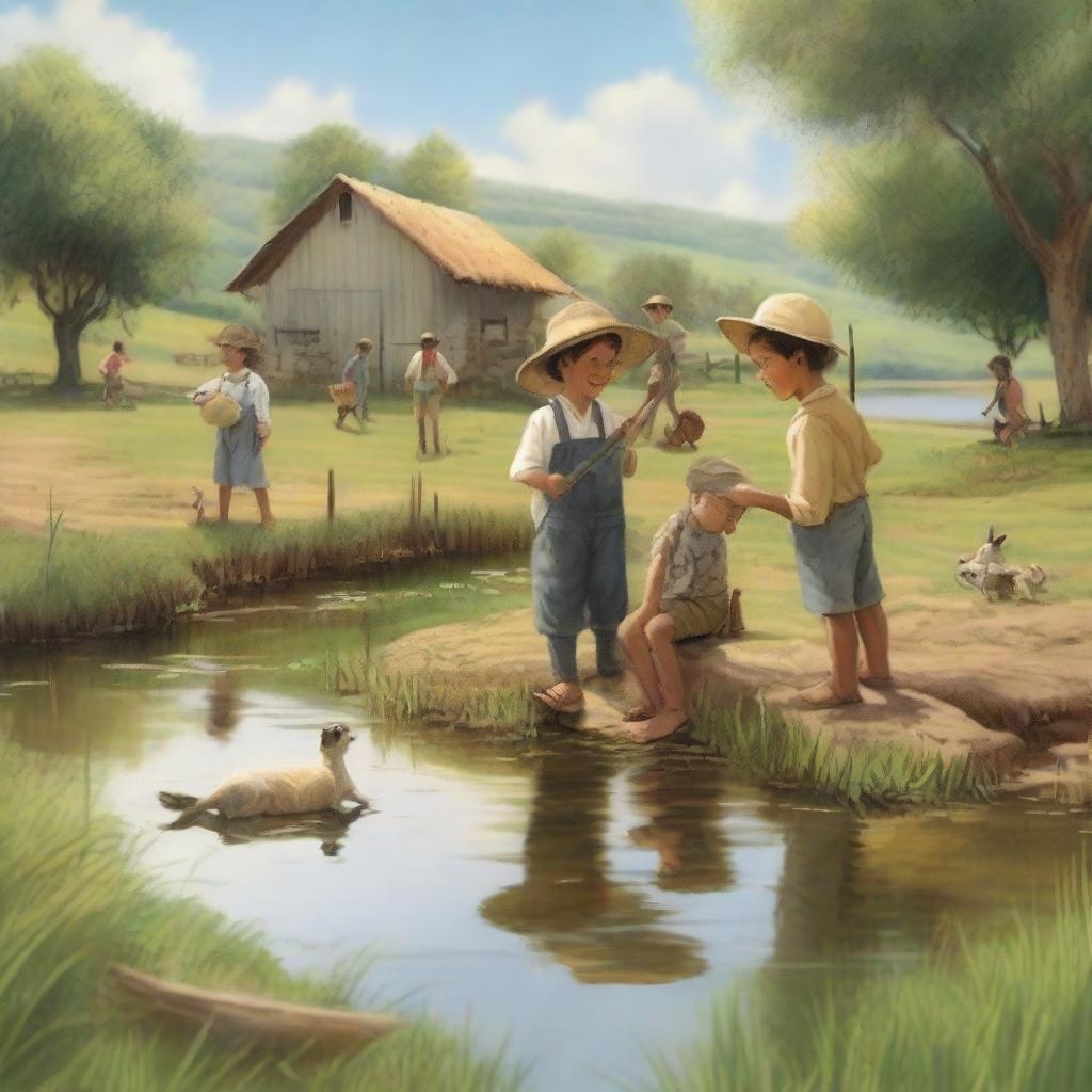 A delightful scene of children, including a boy named João Wesley, enjoying a day at the farm while fishing