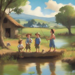 A delightful scene of children, including a boy named João Wesley, enjoying a day at the farm while fishing