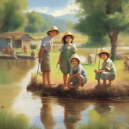 A delightful scene of children, including a boy named João Wesley, enjoying a day at the farm while fishing