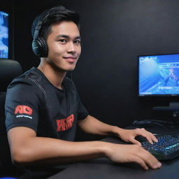 A handsome gaming character named Adam Firmansyah with striking features, immersed in an exciting game on his high-end gaming rig.