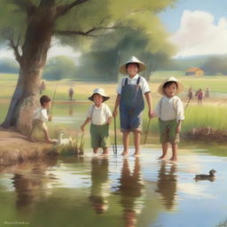 A delightful scene of children, including a boy named João Wesley, enjoying a day at the farm while fishing