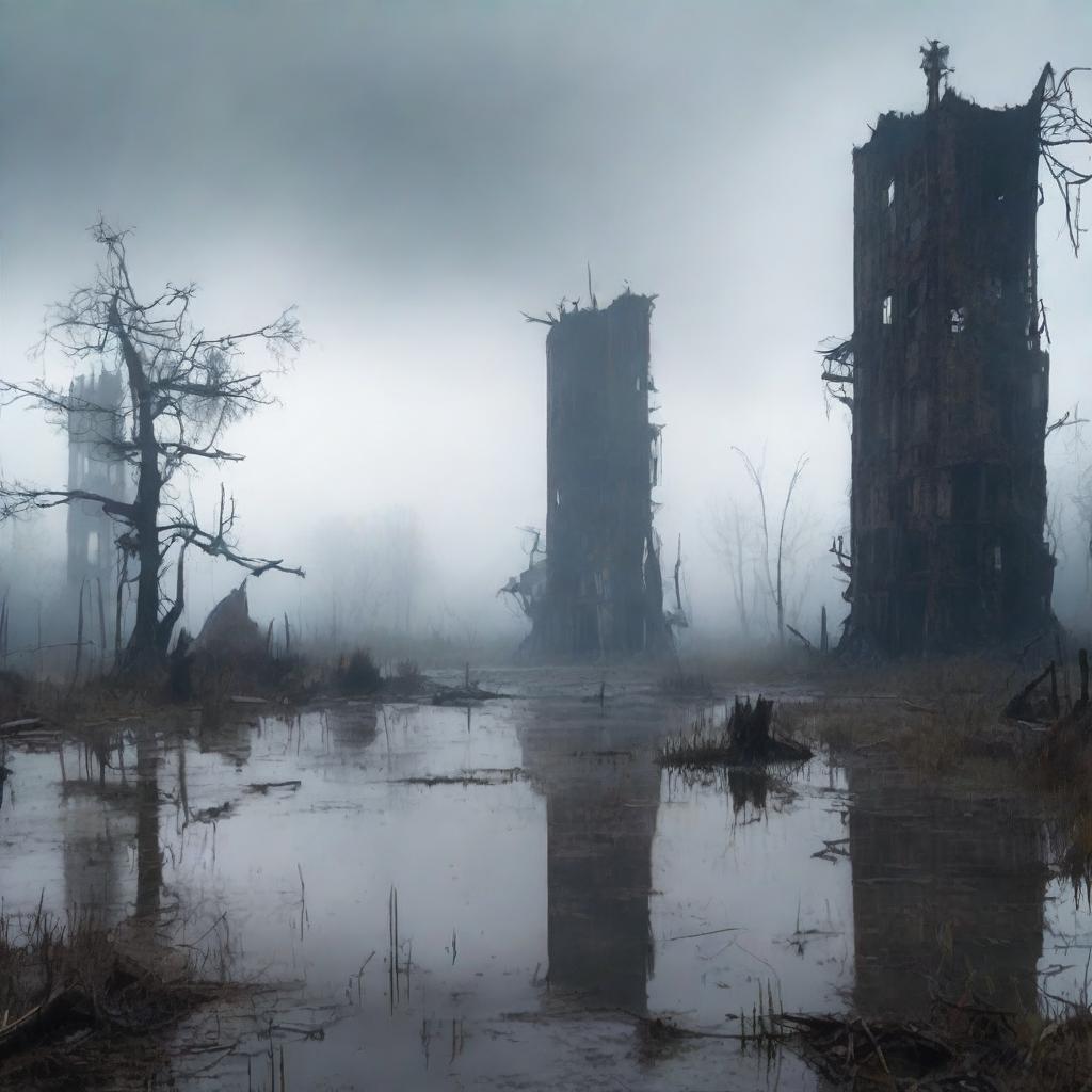 A desolate, lifeless city in the middle of a swamp, with no birds or signs of life