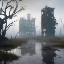 A desolate, lifeless city in the middle of a swamp, with no birds or signs of life