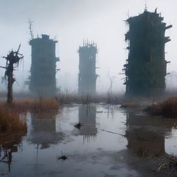 A desolate, lifeless city in the middle of a swamp, with no birds or signs of life