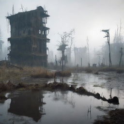 A desolate, lifeless city in the middle of a swamp, with no birds or signs of life