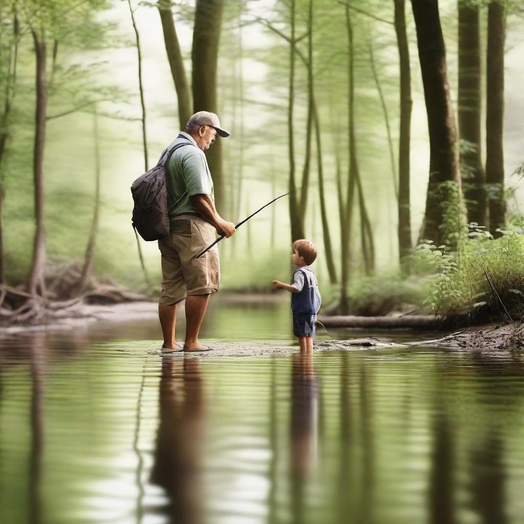 A heartwarming scene of a father and son fishing by a serene creek in the forest