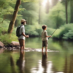 A heartwarming scene of a father and son fishing by a serene creek in the forest