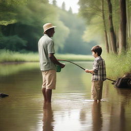 A heartwarming scene of a father and son fishing by a serene creek in the forest