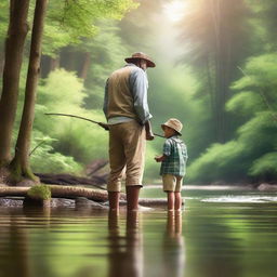 A heartwarming scene of a father and son fishing by a serene creek in the forest